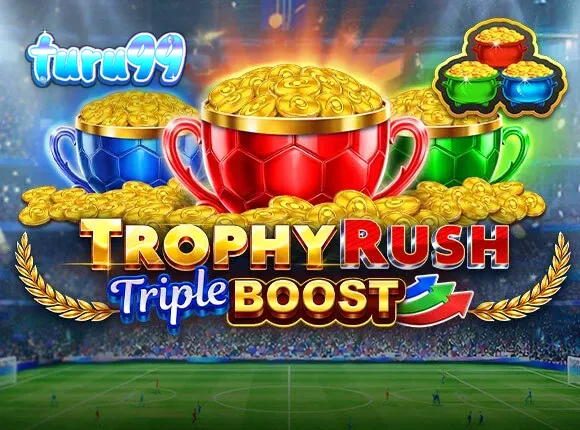 Tampilan visual slot Trophy Rush Triple Boost dengan tema stadion dan koin emas