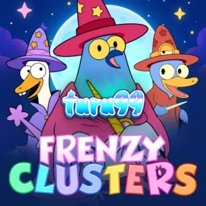 Tampilan antarmuka permainan slot Frenzy Clusters dengan grid 7x7 yang penuh warna.